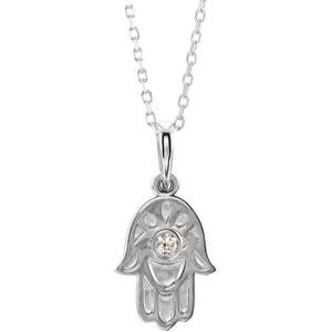 14k White Gold .03 CT Diamond Small Hamsa Necklace, 16-18 Inch